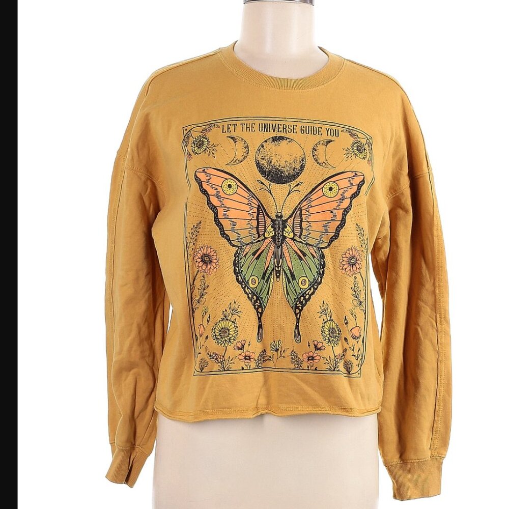 Zoe & Liv Let the Universe Guide You Crop Sweatshirt Amber Gold Butterfly Medium